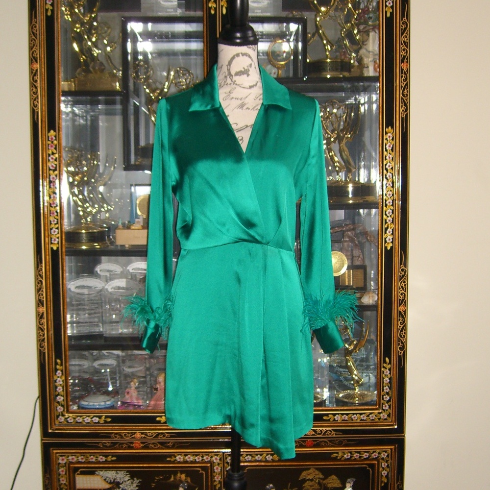 ZARA GREEN SATIN EFFECT FEATHER DRESS M